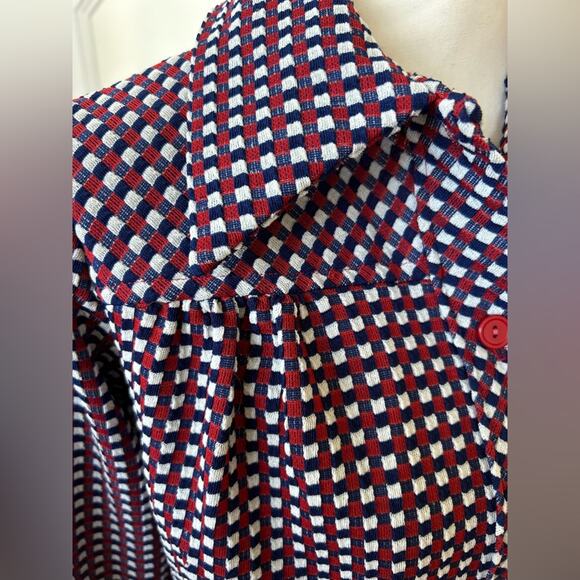 Vintage 70s Blue, Red & White Check Button Up Blouse - Picture 4 of 6